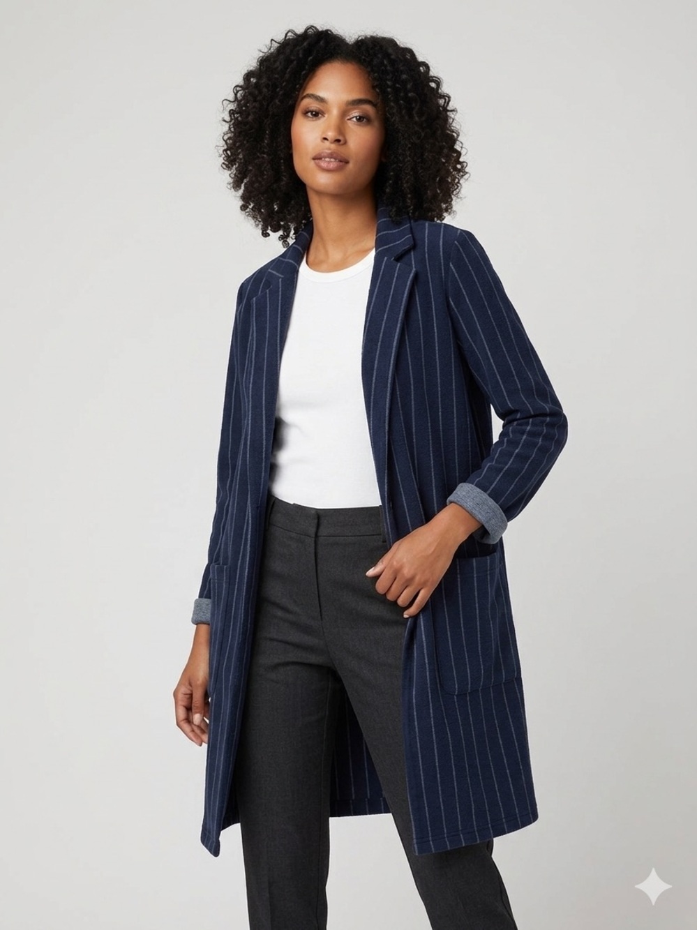 Harper Navy Pinstripe Blazer Coatigan with Patch Pockets Size S